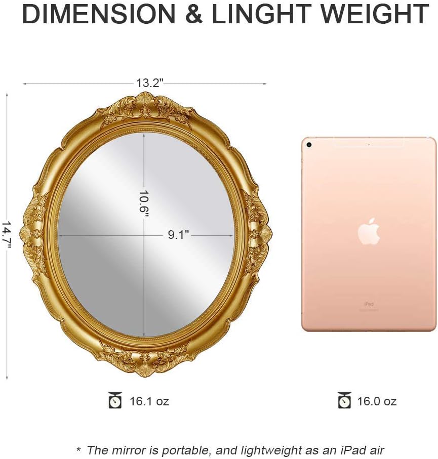 Hanging Wall Mirrors, Decorative Mirrors, Vintage Multi-Functional Mirror, Living Room, Bedroom, Bathroom,13" W x 15" L, Golden White