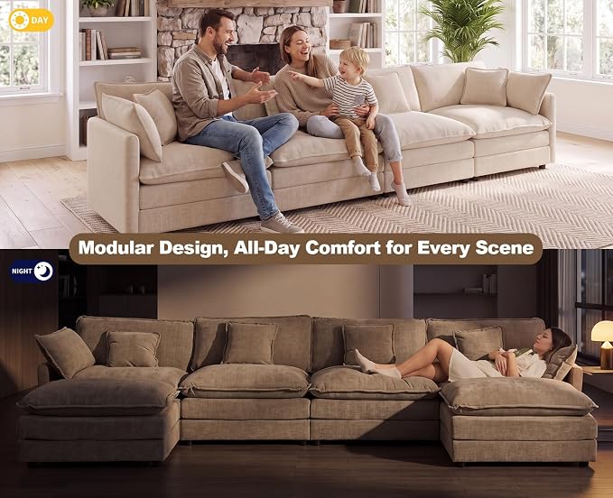 Oversized Modular Sectional Sofa, 7 Seater Deep Seat Cloud Couch Sectional Chenille Corner Couch, 7 Pillows, 2 Movable Ottomans, For Spacious Living Room Reception Rooms, Large Families, Camel