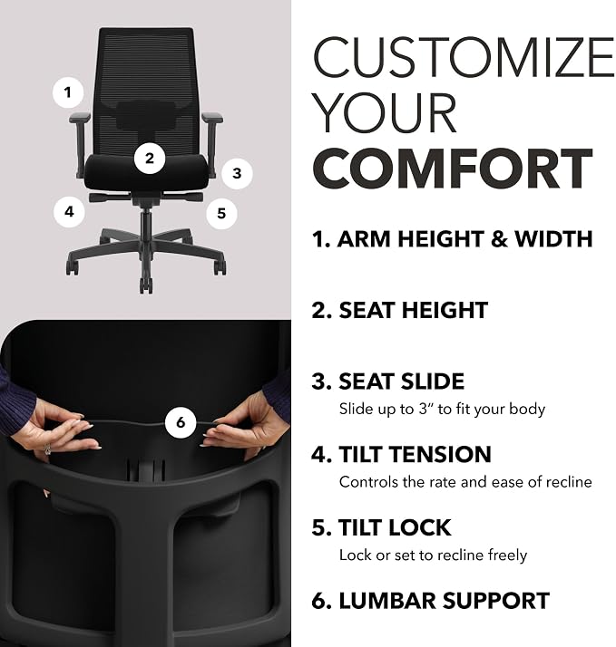 HON Ignition 2.0 Ergonomic Office Chair, Lumbar Support, Desk Chair, Black Ergonomic office desk chair with lumbar support, adjustable arms, office decor, workstation comfort for focused productivity