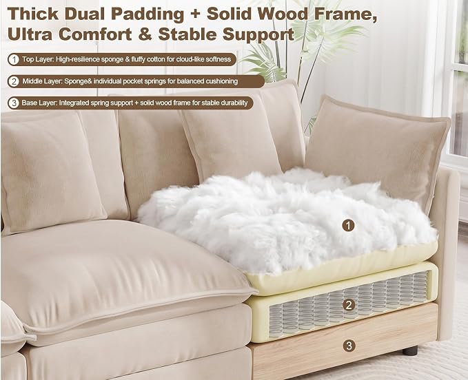 Oversized Modular Sectional Sofa, 7 Seater Deep Seat Cloud Couch Sectional Chenille Corner Couch, 7 Pillows, 2 Movable Ottomans, For Spacious Living Room Reception Rooms, Large Families, Camel