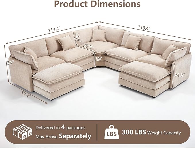 Oversized Modular Sectional Sofa, 7 Seater Deep Seat Cloud Couch Sectional Chenille Corner Couch, 7 Pillows, 2 Movable Ottomans, For Spacious Living Room Reception Rooms, Large Families, Camel