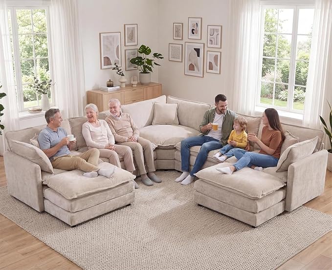 Oversized Modular Sectional Sofa, 7 Seater Deep Seat Cloud Couch Sectional Chenille Corner Couch, 7 Pillows, 2 Movable Ottomans, For Spacious Living Room Reception Rooms, Large Families, Camel