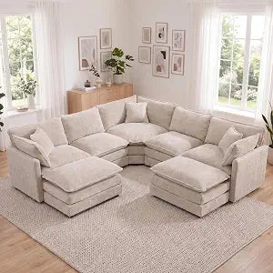 Oversized Modular Sectional Sofa, 7 Seater Deep Seat Cloud Couch Sectional Chenille Corner Couch, 7 Pillows, 2 Movable Ottomans, For Spacious Living Room Reception Rooms, Large Families, Camel