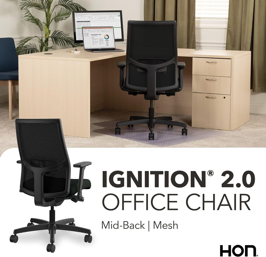 HON Ignition 2.0 Ergonomic Office Chair, Lumbar Support, Desk Chair, Black Ergonomic office desk chair with lumbar support, adjustable arms, office decor, workstation comfort for focused productivity